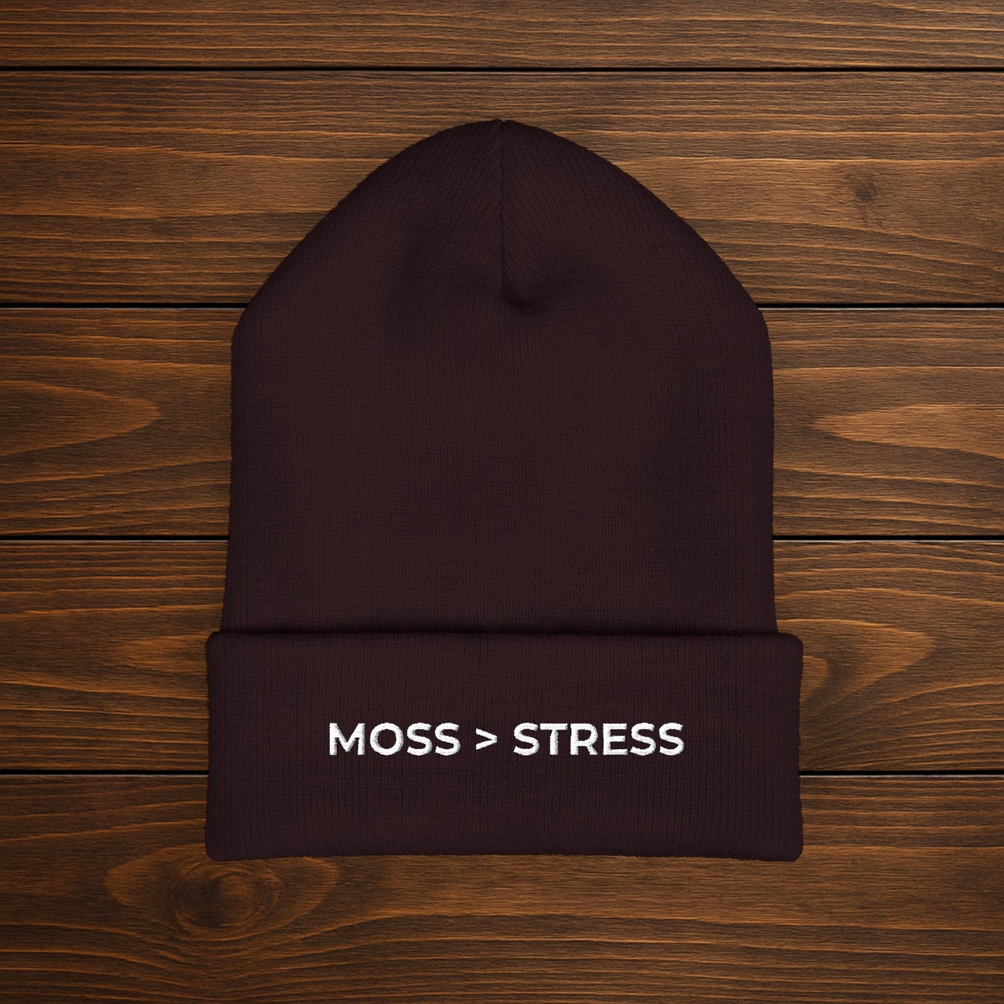 "Moss > Stress" Embroidered Beanie | Stay Warm, Stay Grounded