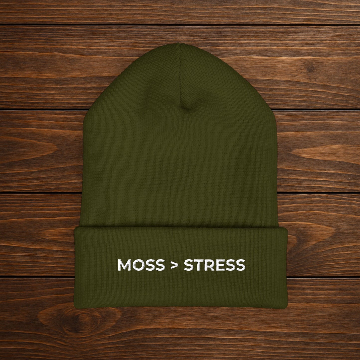 "Moss > Stress" Embroidered Beanie | Stay Warm, Stay Grounded